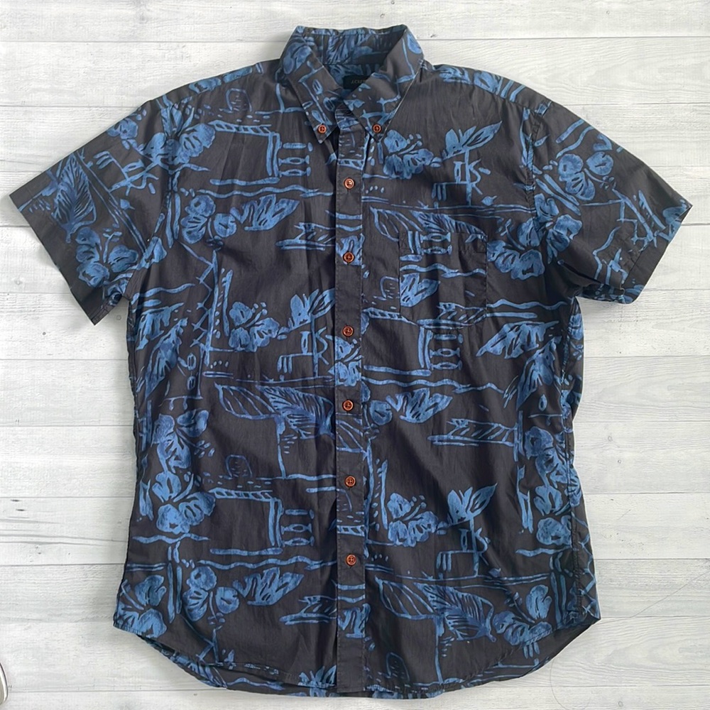 J Crew Blue Tropical Print Short Sleeve Button Down Shirt L
